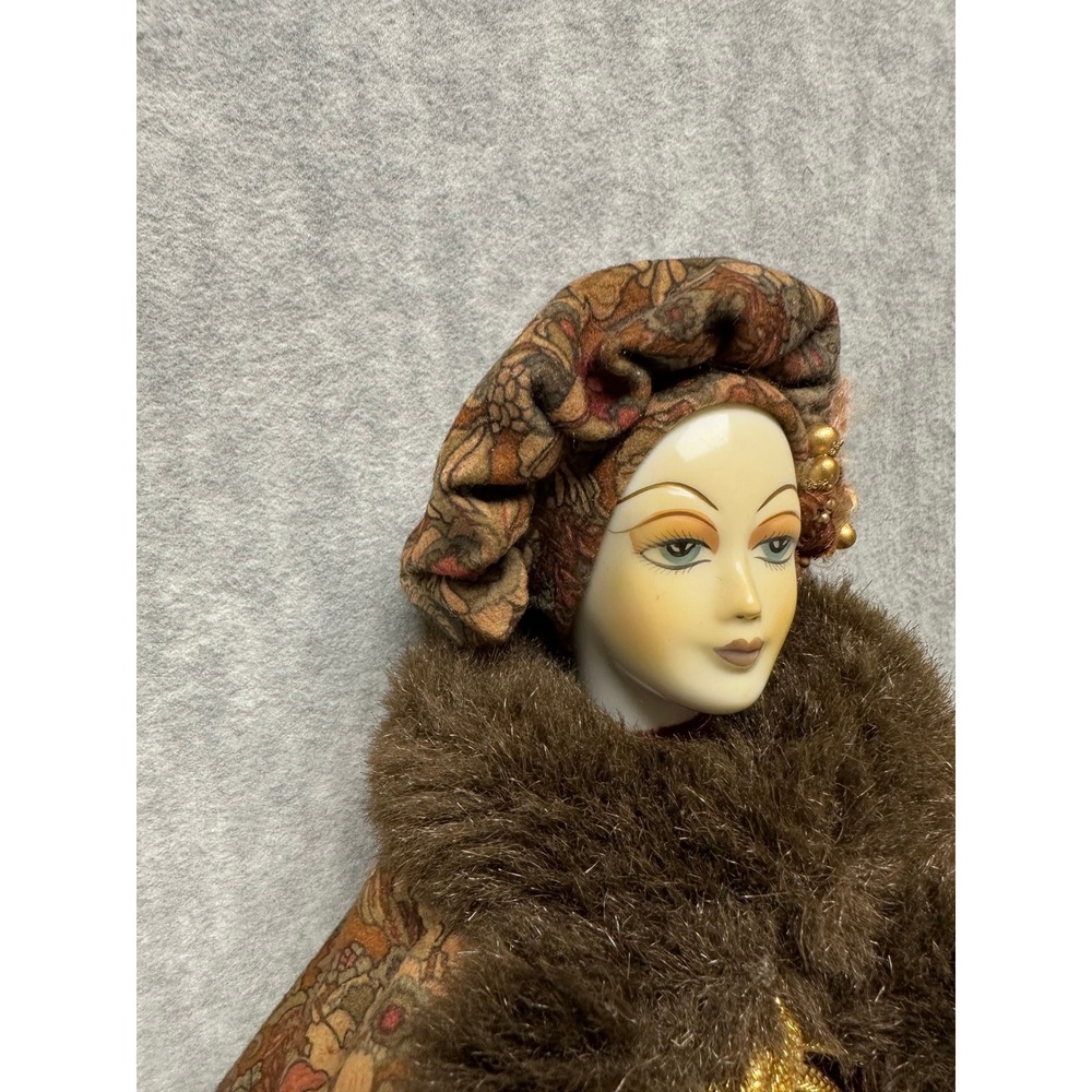 Vintage Porcelain Harlequin Doll Burgundy Satin Faux Fur Art Deco Pierrot - Picture 13 of 15